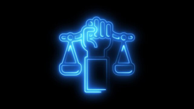 Glowing blue neon fist holding justice scales symbol abstract animation on black background representing fairness equality law