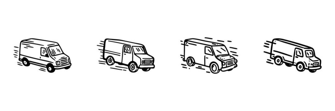 Delivery Vans Hand Drawn Doodle Icon Set. Transport Vehicles For Shipping And Logistics Sketch Symbol Collection. Business Fleet And E-Commerce Transportation. Isolated Vector Illustration