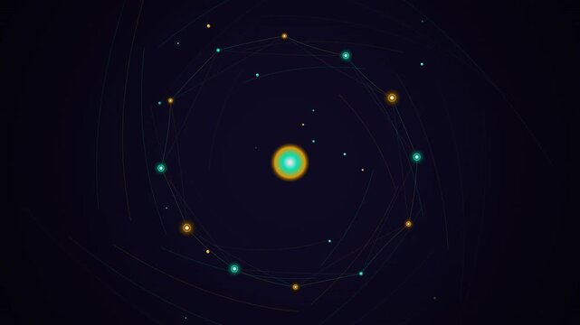 Abstract representation of a stylized solar system with glowing celestial bodies and orbital lines in deep space