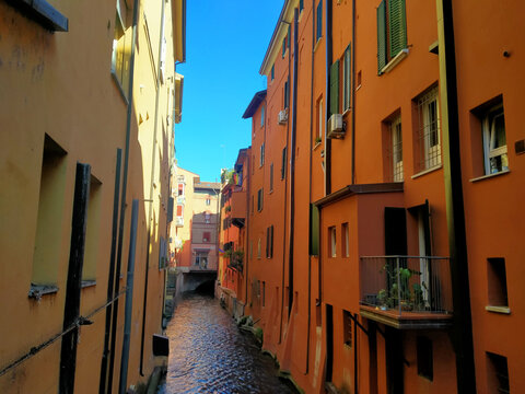 View of  Canale delle Moline in  historic center of Bologna, Italy