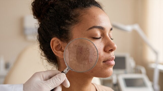 Jovem adolescente brasileira em consulta no dermatologista. Espinhas no rosto vistas atrav&eacute;s de uma lupa