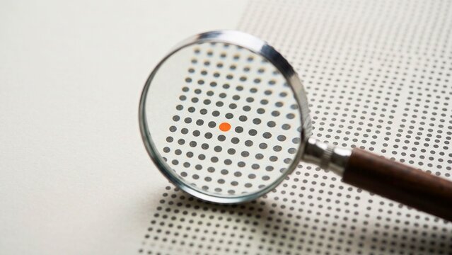 Magnifying glass highlighting single dot among grid of black dots on paper for finding anomaly, standing out and detail focused analysis