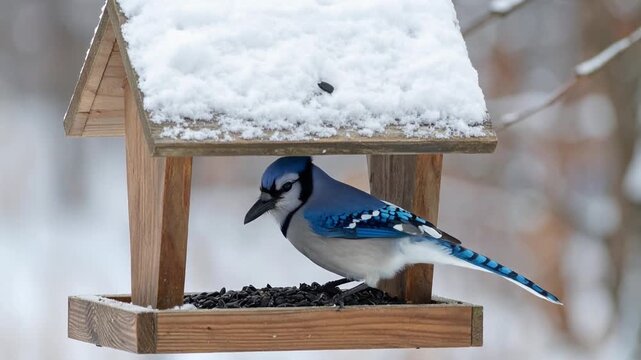 Blue jay (Cyanocitta cristata) eating seeds from a birder feeder in winter, mp4 video. AI