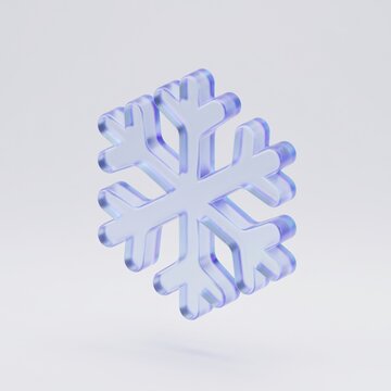 Glass snowflake 3D render, minimalist winter crystal symbol with soft blue glow on white background