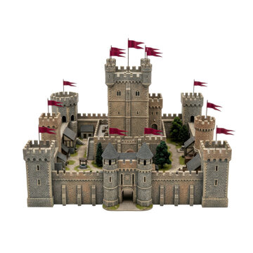 Isolated medieval stone castle fortress with red flags, towers, and ramparts