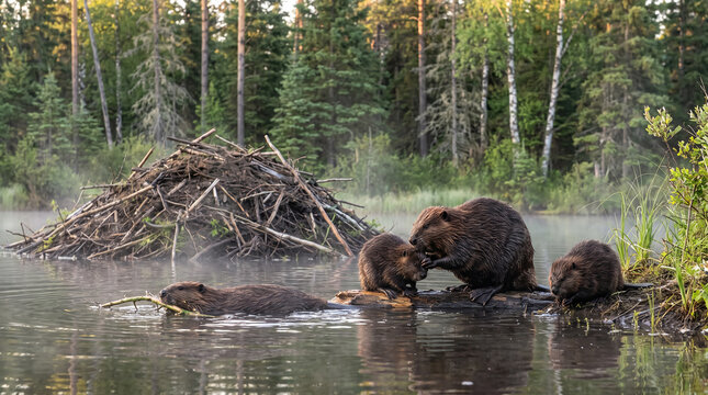 Beaver family resting near lodge in tranquil forest river at morning mist for wildlife conservation stories or environmental nature studies.