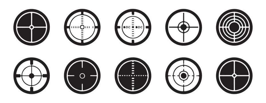 Crosshair and scope sight vector icons set for gaming interface and weapon targeting systems use.