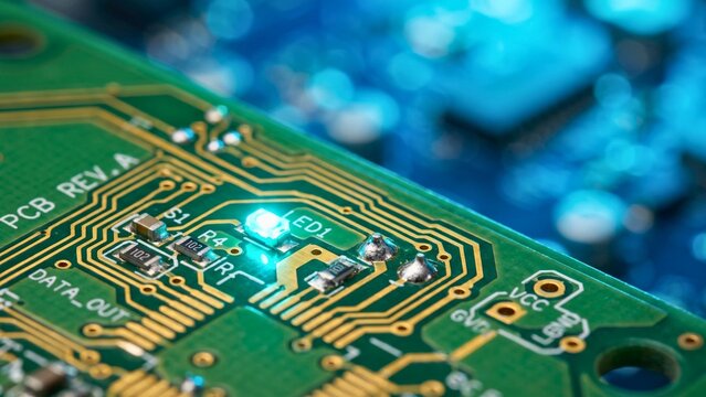 Close up of green printed circuit board with glowing LED and gold traces for electronics manufacturing, hardware design and microelectronics 