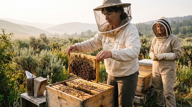 Women inspect honeycomb during apiary quality checks