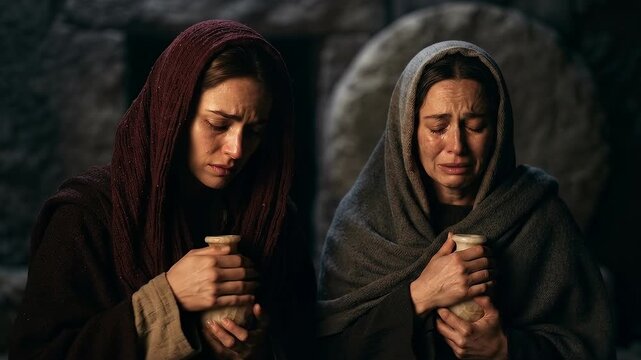 Two Grieving Biblical Women Holding Alabaster Jars of Spices Near the Tomb of Jesus Christ, Emotional Holy Week and Easter Scene of Mourning, Devotion, Burial, Faith, Sorrow and Resurrection Hope