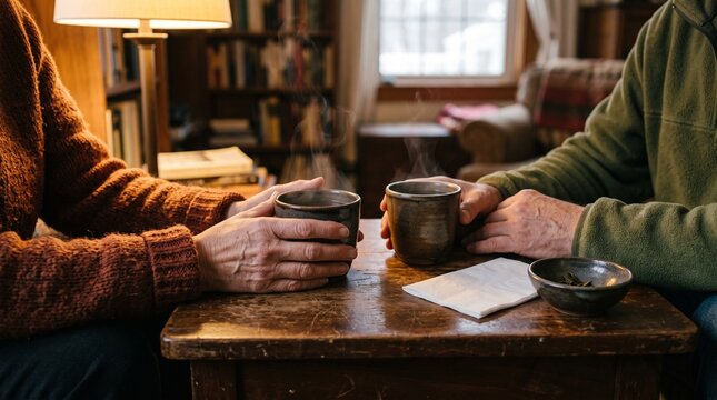 Warm tea cups during a quiet neighbor conversation