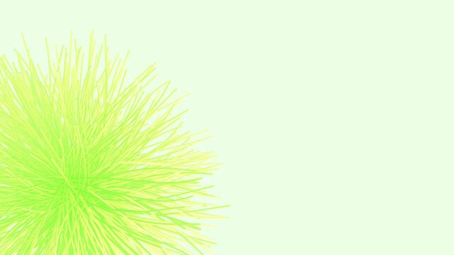 Neon yellow green fuzzy fiber sphere expands dynamic tendrils against mint pastel backdrop in a 3D animation