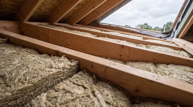 Mineral wool insulation between rafters in a roof bay