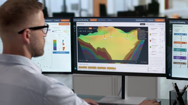 Geologist Analyzing 3D Subsurface Models On Laptop
