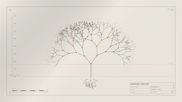 Technical blueprint of a branching tree structure with mathematical plot measurements