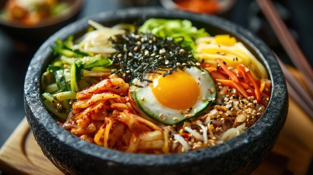 Bibimbap with fried egg and fresh vegetables served in a hot stone bowl on a wooden board