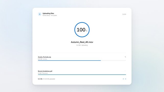 Minimalist cloud file upload progress bar user interface animation in clean modern design