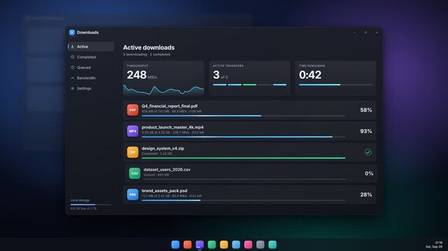 Modern dark mode file download manager user interface with active progress bars and speed metrics