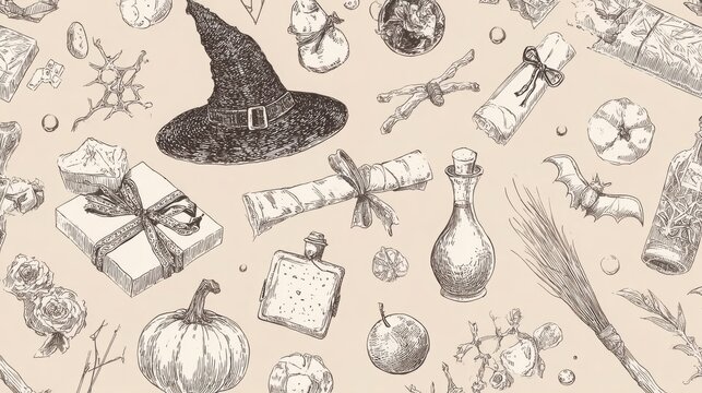 Halloween seamless pattern with witch hat and magic items on beige