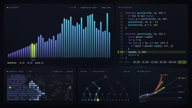 Interactive quicksort algorithm sorting visualization dashboard with code and graphs