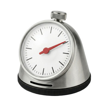 Isolated modern silver metal desktop timer with red hand for time management and countdown