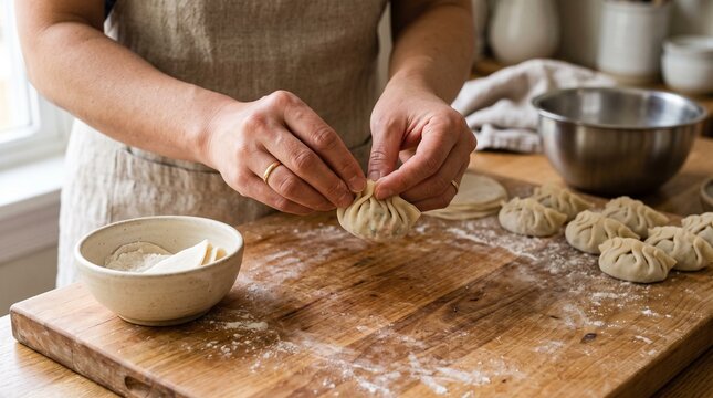 Hands shaping handmade Korean mandu in a home kitchen