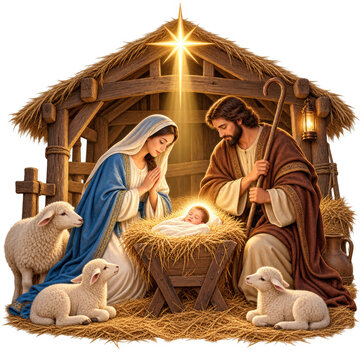 Holy Family nativity scene with Baby Jesus Virgin Mary Saint Joseph lambs star of Bethlehem PNG illustration for Christmas holiday card sublimation isolated on transparent background