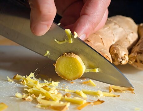 Chef's hand using a sharp knife to peel and slice fresh ginger root on a cutting board for culinary preparation.