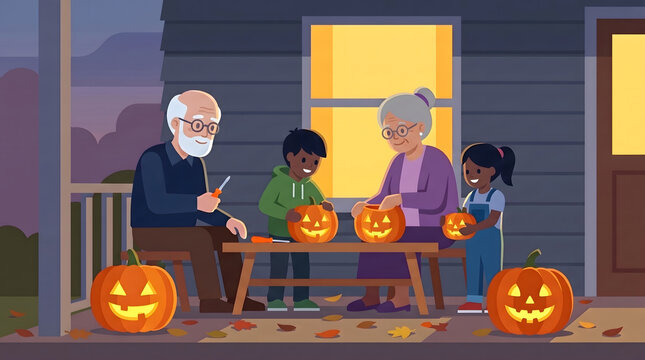Grandparents and grandchildren carving Halloween pumpkins together on a porch at night
