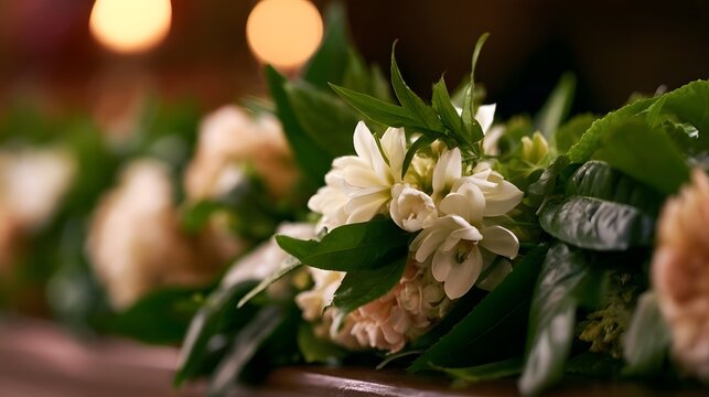 A close up of white flowers and green leaves arranged in a decorative garland with soft warm background lights