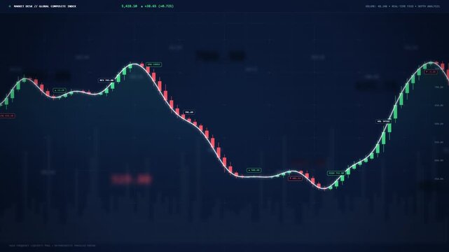 Stock market candlestick charts showing financial trade fluctuations