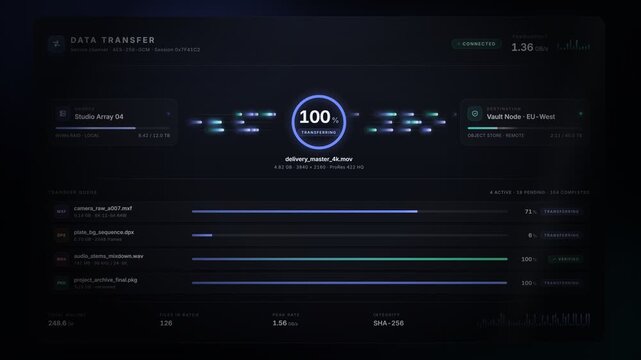 Secure cloud data transfer interface animation with progress tracking and vault node storage