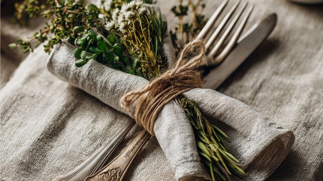 Linen napkin wrapped around dried herbs and cutlery on a rustic table