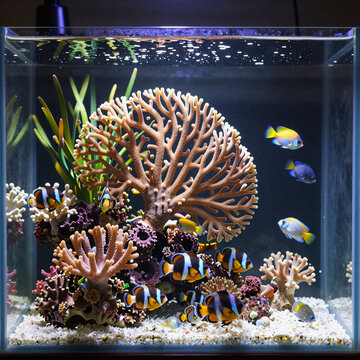 Watercolor Tank Animal. Blue Reef Tank Aquarium Filled With Marine Plants And Live Animals Such As Gorgonaria, Clavularia, Zoanthus, Zebra Apogon, And Zebrasoma Percula