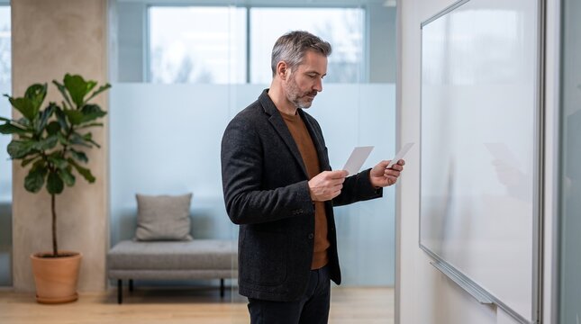 Manager pauses beside a blank whiteboard after setback