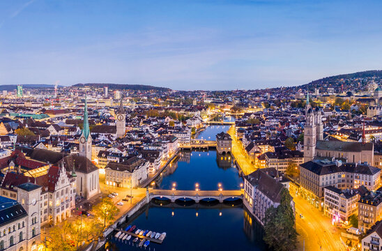 Zurich, Switzerland old town skyline over the Limmat River in the morning 684