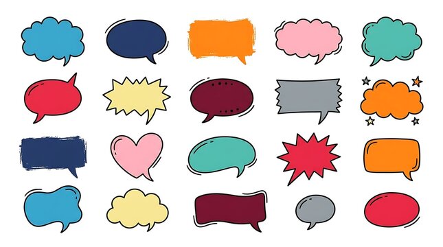 A vibrant collection of hand drawn colorful speech bubbles and thought balloons set against a soft light pastel background ideal for various