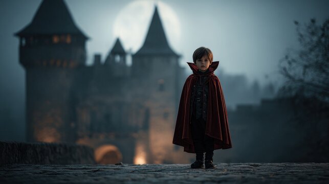 Little boy in vampire costume standing before a dark castle at night
