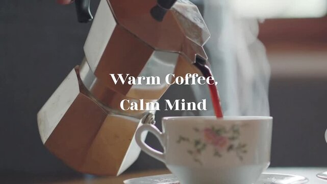 Hot Coffee Pouring from Moka Pot into Ceramic Cup, Morning Ritual, Cozy Atmosphere, Beverage Preparation, Refreshment