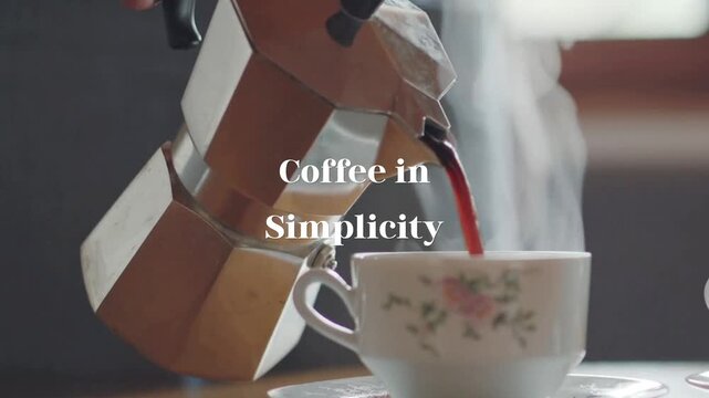 Hot Coffee Pouring from Moka Pot into Vintage Cup, Morning Ritual Warm Beverage Enjoyment, Cozy Home Kitchen Atmosphere, Lifestyle Food Photography
