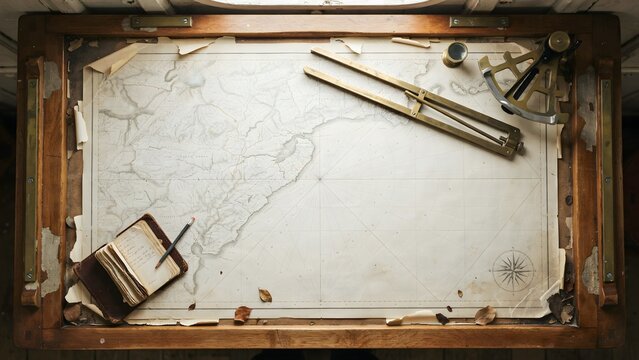 Vintage maritime navigation tools and maps with compass and logging book