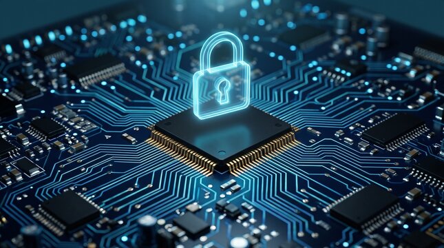 Glowing digital security padlock icon hovering above computer motherboard with cyber security computer chip data protection circuit board information security processor motherboard encryption