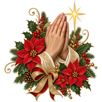 Praying hands with star of Bethlehem and Christmas wreath PNG illustration for holiday greeting card sublimation isolated on transparent background