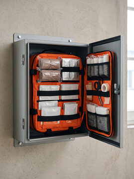 Wall mounted first aid cabinet open showing medical organizer bag, bandages, and supplies