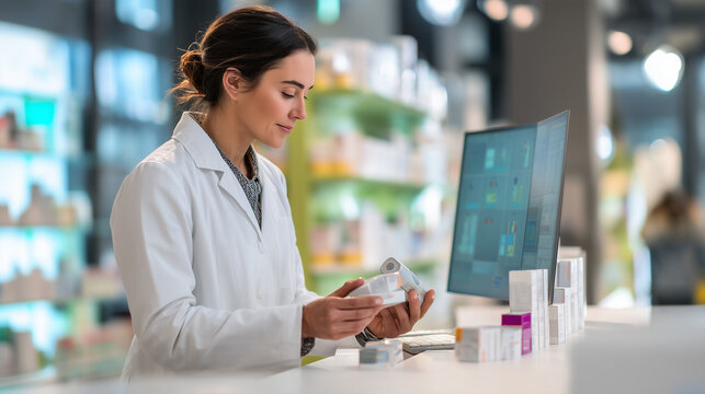 Female pharmacist reviewing medication packaging at a modern pharmacy counter, using a handheld scanner beside a computer. Healthcare retail, prescription management and pharmaceutical inventory conce