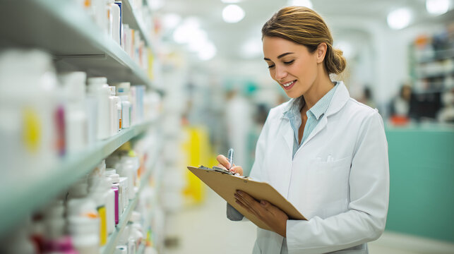 Female pharmacist checking medicine inventory on a clipboard beside pharmacy shelves. Professional healthcare worker reviewing pharmaceutical stock, supplies and medication organization.