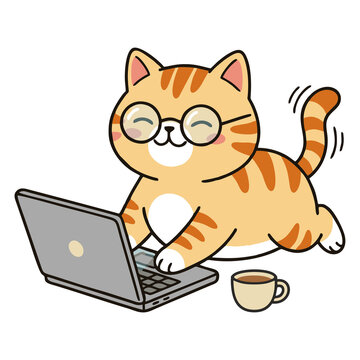 Cute chubby ginger cat lying down and working on laptop computer with coffee cup. Funny cartoon orange kitty freelancer. Isolated vector flat illustration clipart.