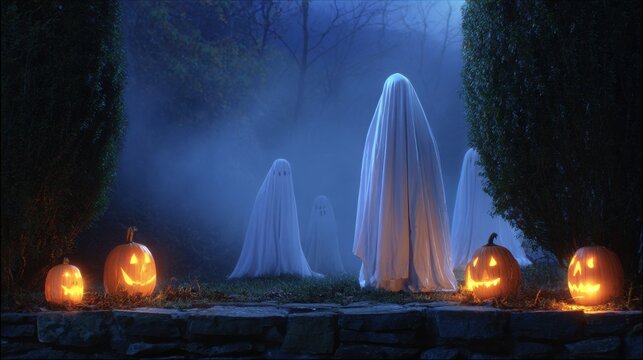Halloween ghosts emerging between illuminated jack-o'-lanterns in
