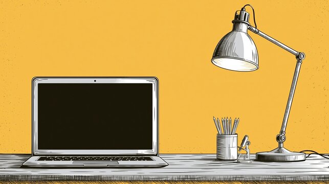 Modern laptop computer sitting beside a retro metal desk lamp with pencils and microscope illustration art