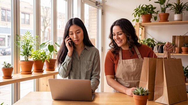 Two women small business owners working in plant shop with laptop and paper bags, entrepreneurs, local store, online orders, shop small